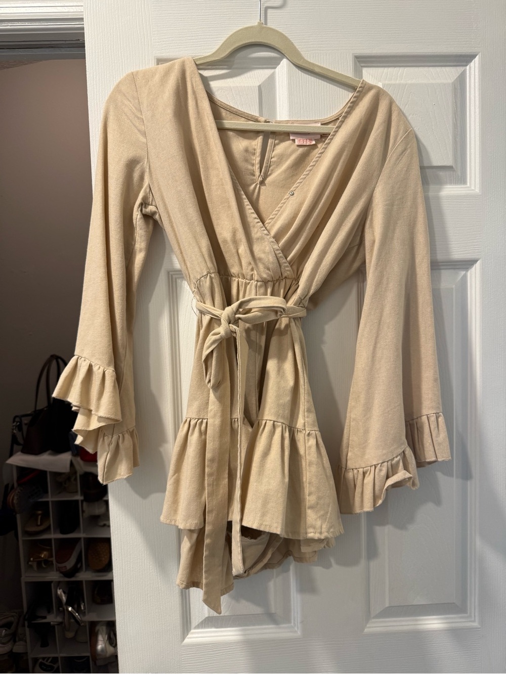 Women’s Beige Ruffle Romper with Tie Waist